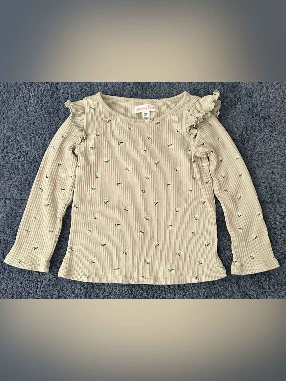 Jumping Beans Toddler Girls 3T Green Floral Ruffle Shoulder Ribbed L/S Shirt